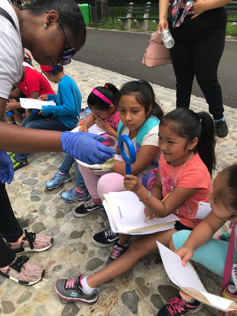 A magnifying glass helps students see particles in the water.